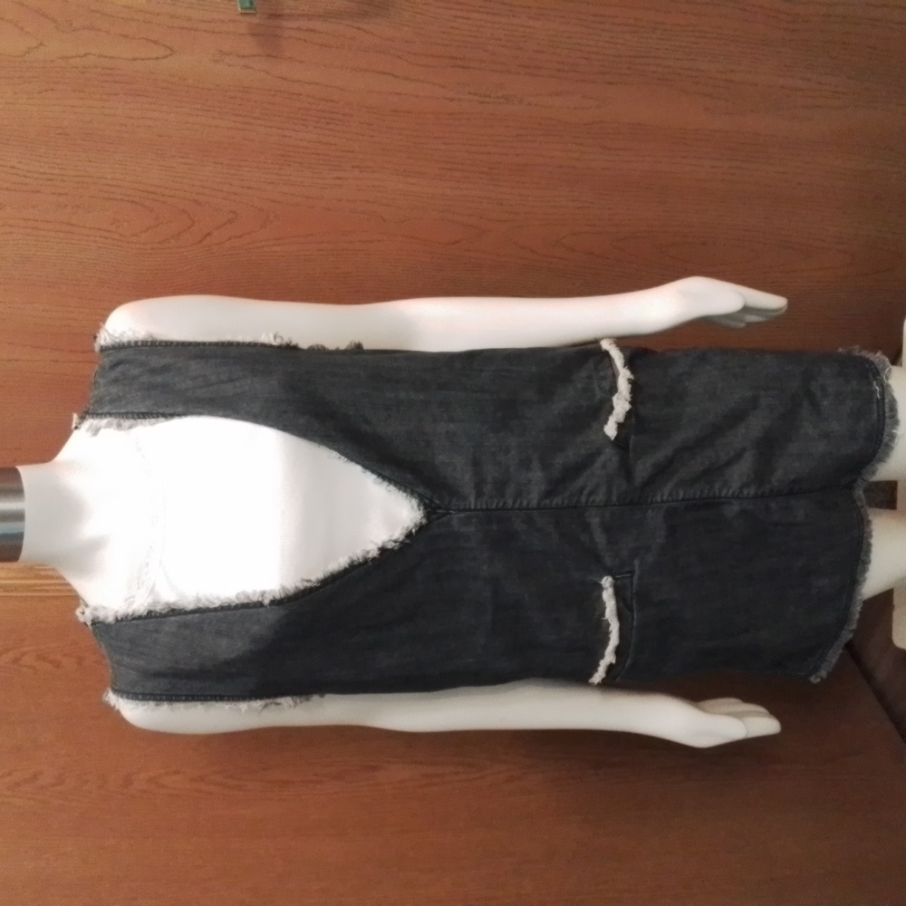All Saints 100% Cotton Deep V-Neck Sleeveless Denim Dress with Frayed Edges.